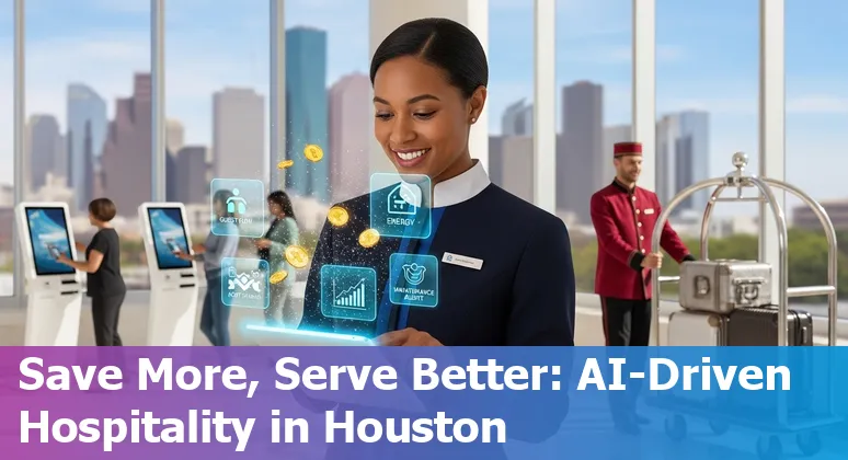 Hotel lobby with mobile check-in kiosk and AI dashboard showing energy savings in Houston, Texas.