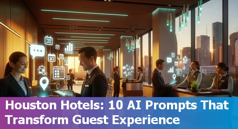 Hotel front desk staff using AI prompts on a tablet in a Houston hotel lobby.