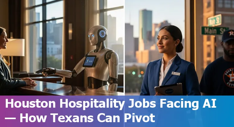 Houston hotel front desk and restaurant staff with AI icons showing automation and retraining tools