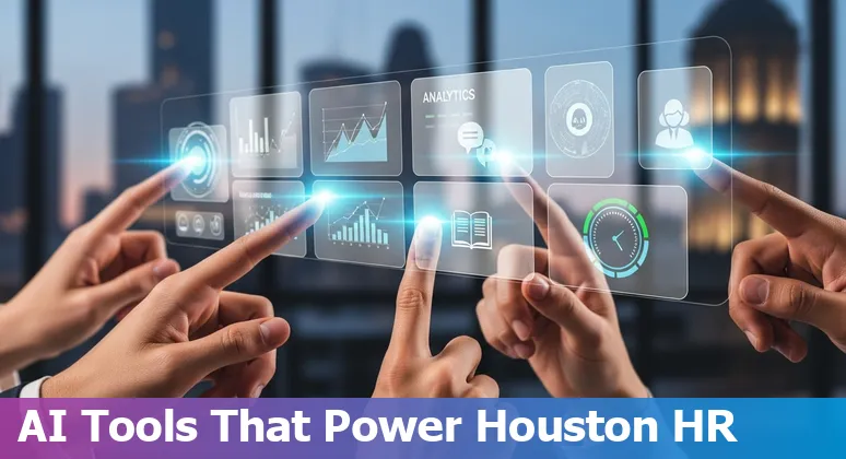 Houston HR professional reviewing AI tools on a laptop with skyline of Houston in background