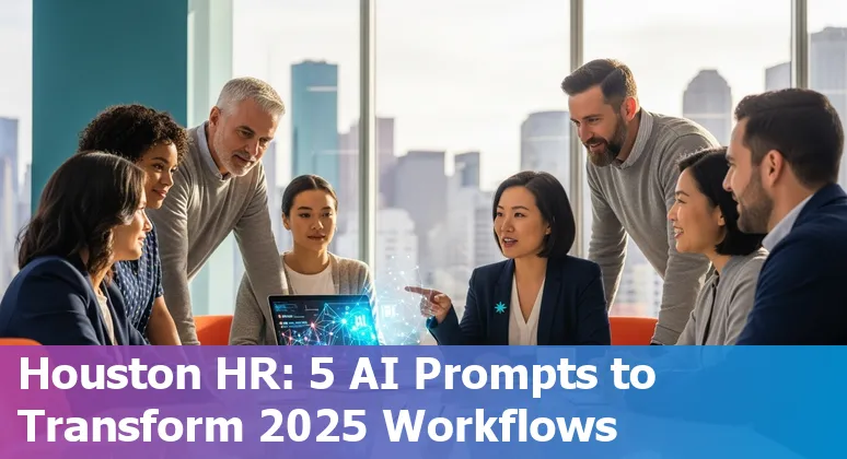 Houston HR professional using AI prompts on a laptop with Houston skyline in background
