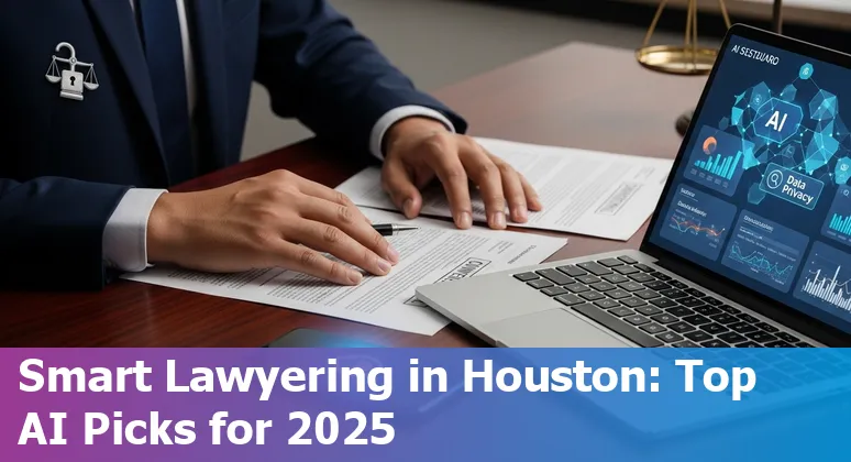 Collage of AI legal tools logos overlaid on Houston skyline, representing legal research, eDiscovery, CLM, and virtual intake tools.