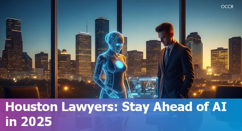 Houston, Texas skyline with legal scales and AI circuit overlay representing AI and legal work in Houston, Texas