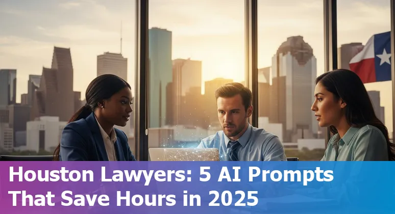 Houston skyline with law books and AI hologram representing AI prompts for legal professionals in 2025
