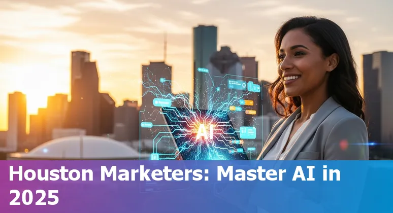 Houston, Texas marketing team using AI tools in 2025 with the George R. Brown Convention Center skyline in view