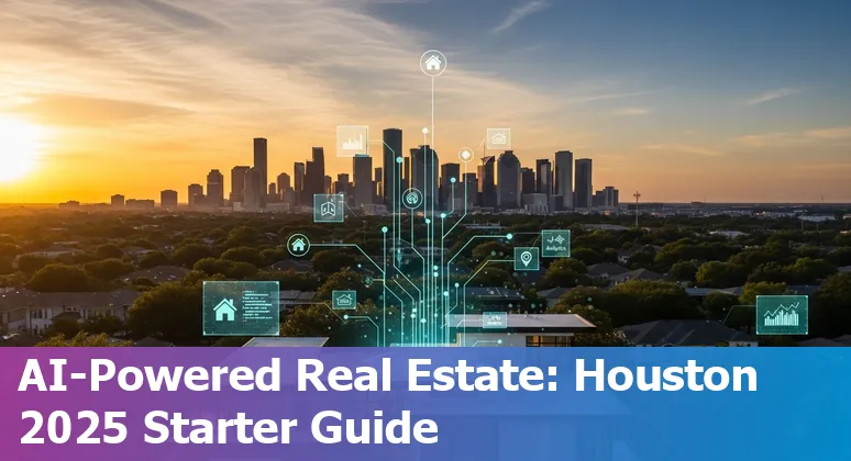 Real estate agent using AI tools and VR tour in Houston, Texas skyline, 2025