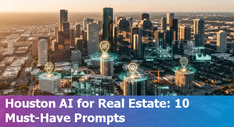Illustration of Houston skyline with AI icons representing real estate tools like marketing, analytics, building operations.