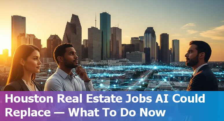 Houston skyline with a digital overlay of AI icons and real estate symbols