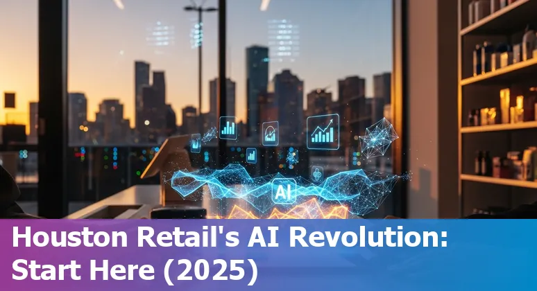 Illustration of AI in retail with Houston skyline, Texas, US landmarks, and data center icons