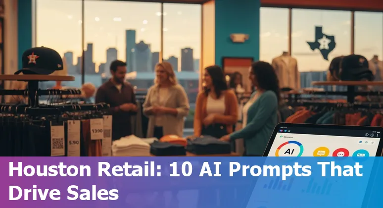 Houston retail storefront with AI icons overlay showing personalization, pricing, forecasting and computer vision.