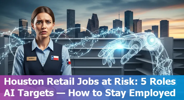 Retail workers in a Houston store with self-checkout kiosks and warehouse robots in background