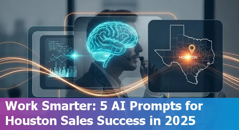 Houston sales professional using AI prompts on laptop with city skyline in background.