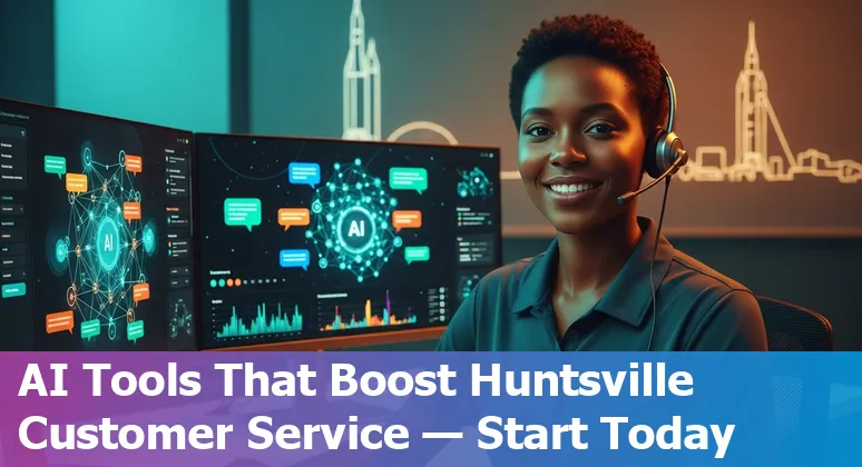Customer service professional using AI tools in Huntsville, Alabama office with Huntsville skyline visible