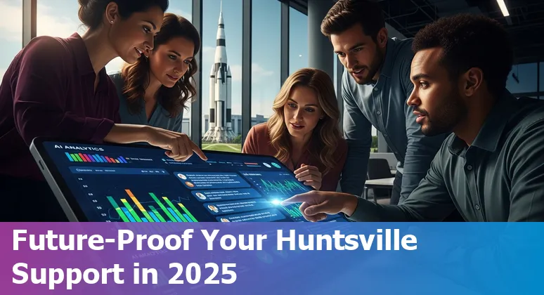 Customer service agent using AI chat tools with Huntsville skyline in the background