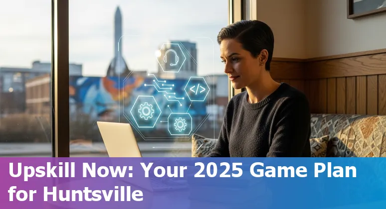 Customer service representative and AI chatbot on screen with Huntsville, Alabama skyline in background