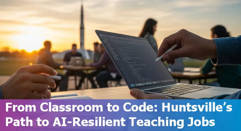 Huntsville educator using AI tools in a classroom with Redstone Arsenal skyline in background.