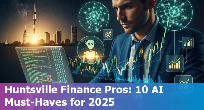 Collage of AI icons and finance graphs over Huntsville skyline with defense and university imagery