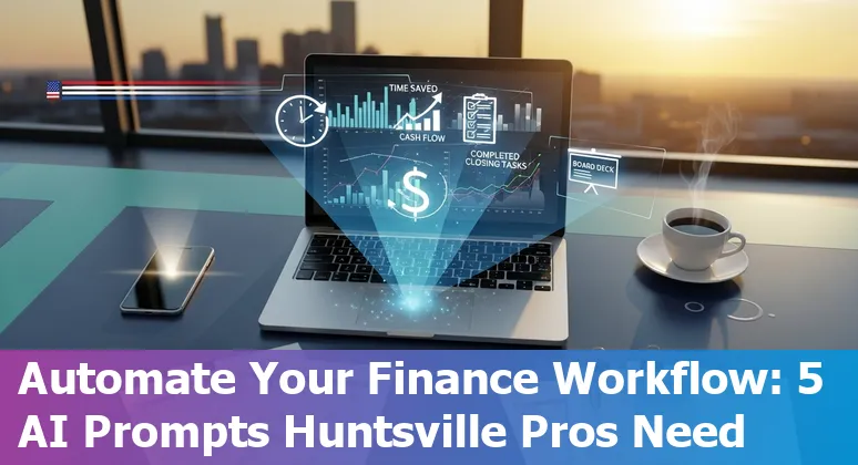 Huntsville finance team using AI prompts on a laptop with charts showing cash flow and KPIs.