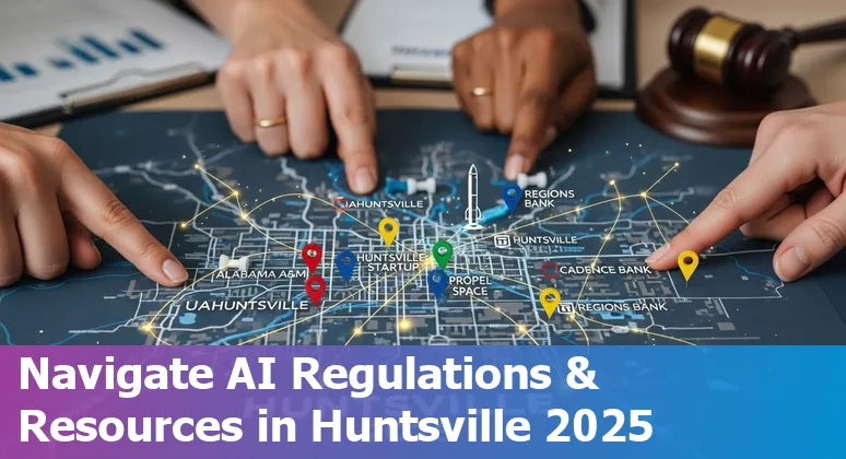 Illustration of AI in financial services with Huntsville, Alabama skyline and 2025 tech elements