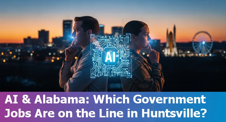 Huntsville skyline with Redstone Arsenal and icons representing AI, cloud, GIS, testing, proposals, and data analytics.