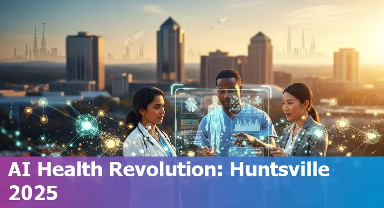 Huntsville, Alabama healthcare professionals discussing AI deployment with local landmarks like Cummings Research Park in background.