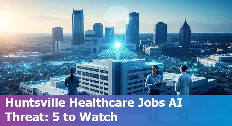 Healthcare professionals in Huntsville using AI tools alongside medical equipment — nurses, radiology techs, pharmacists, lab techs, and coders.
