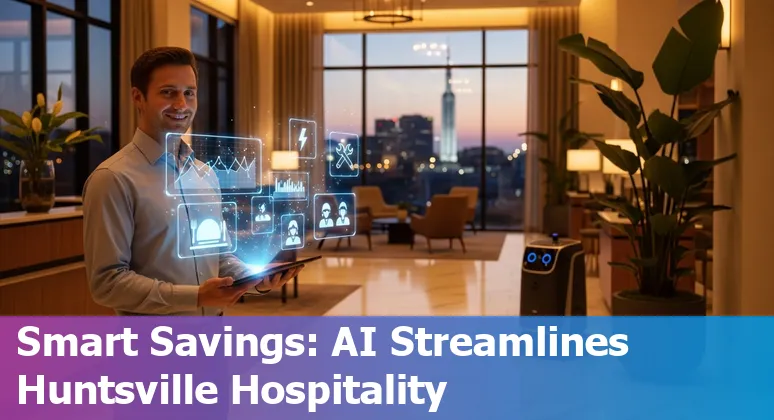 Huntsville, Alabama, US hotel lobby with AI kiosk and smart energy controls — hospitality staff and guests using AI systems.