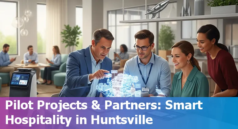 Hotel lobby with AI in-room Samsung TV and Rocket City skyline in Huntsville, Alabama — AI in hospitality 2025 image