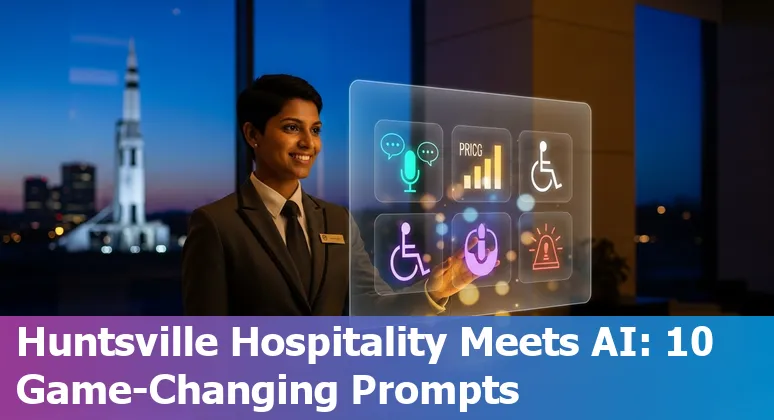 Hotel front desk using AI assistant on a tablet with Huntsville skyline in background