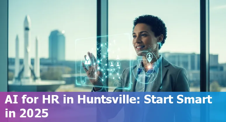 HR professional using AI tools with Huntsville, Alabama skyline and Army tech icons in 2025