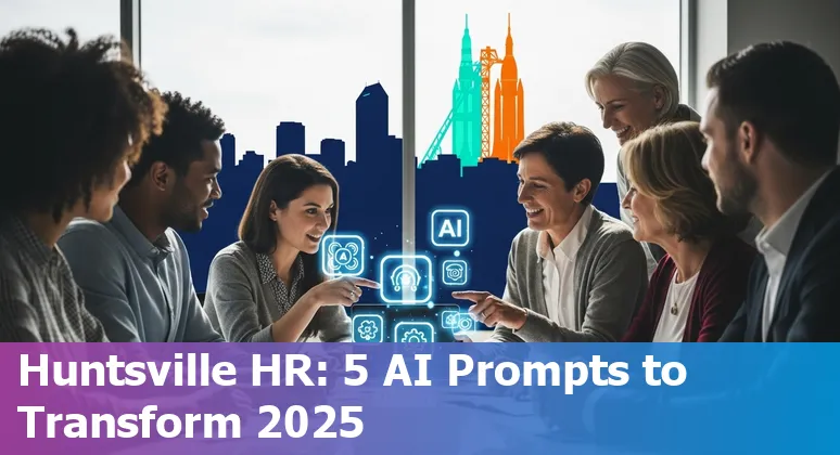 HR professional using AI on a laptop with Huntsville skyline in the background