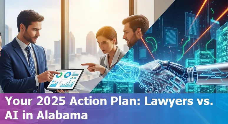Huntsville, Alabama lawyer using AI tools on a laptop with aerospace and defense icons in the background