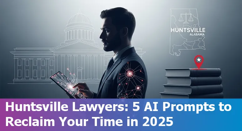 Huntsville lawyer using AI prompts on a laptop with city skyline and Rocket City landmarks in background