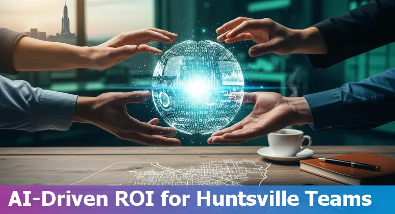 Marketing professional using AI tools in Huntsville, Alabama skyline backdrop in 2025