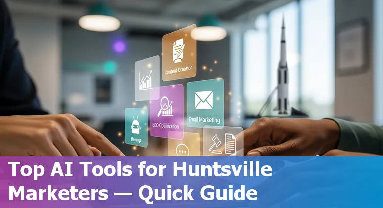 Collage of AI marketing tools logos over a Huntsville skyline with rockets and tech buildings.