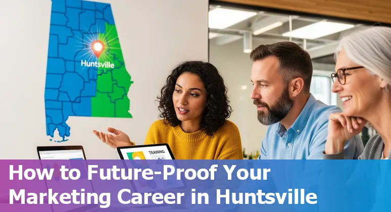 Marketing professional using AI tools in Huntsville, Alabama, US skyline, 2025