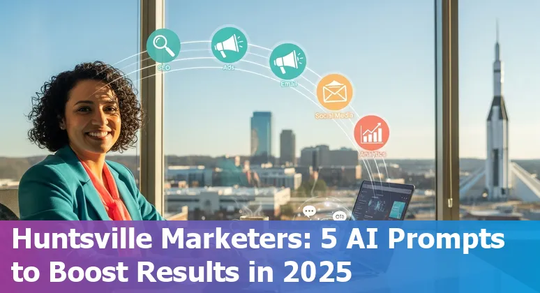 Huntsville marketer using AI prompts on laptop with aerospace skyline in background