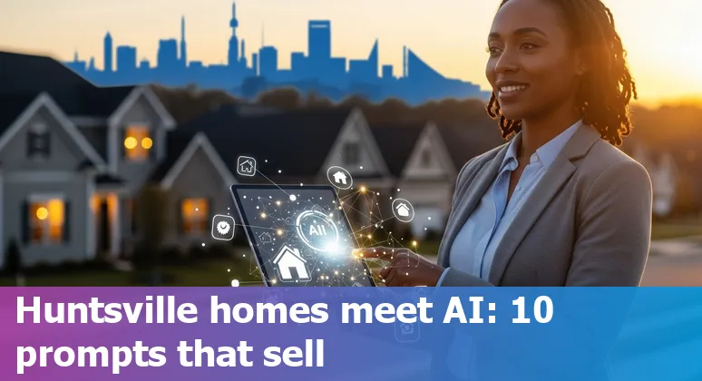 Huntsville home with AI icons overlay showing virtual tour, valuation chart, and chat messages