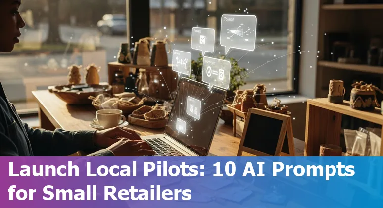 Huntsville retail storefront with AI icons, rocket silhouette, and data visuals overlay