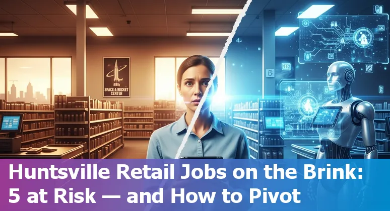 Huntsville retail worker next to a self-checkout kiosk with AI robotics and UAH campus in background