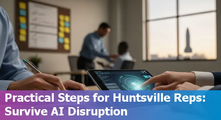 Sales rep using AI tools on laptop in Huntsville, Alabama office, skyline or NASA research park visible in background