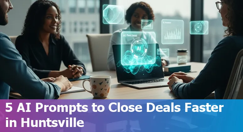 Sales professional using AI prompts on laptop with Huntsville skyline (Redstone Arsenal) in background