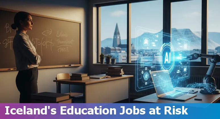 Icelandic school staff using laptops and AI tools during a reskilling workshop to adapt jobs at risk from automation