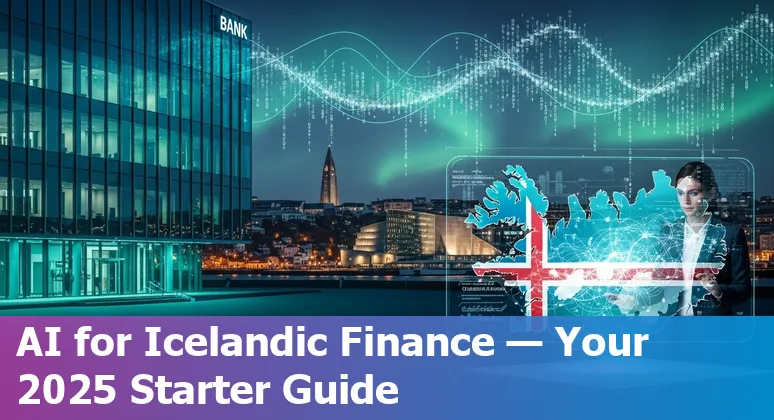 Illustration of AI in Icelandic financial services 2025 showing Reykjavík skyline with AI and finance icons for Iceland