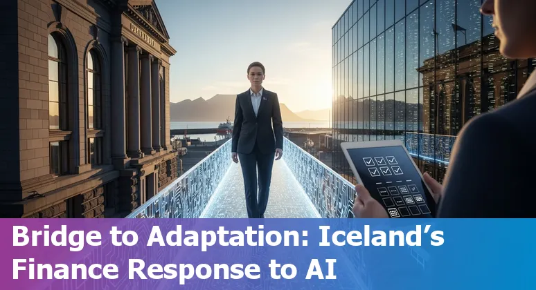 Icelandic finance professionals using laptops and AI tools with Reykjavik cityscape in the background