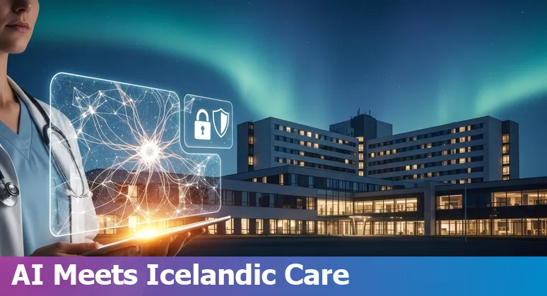 Illustration of AI in Icelandic healthcare with Landspítali, data protection icons, and Reykjavík skyline in Iceland