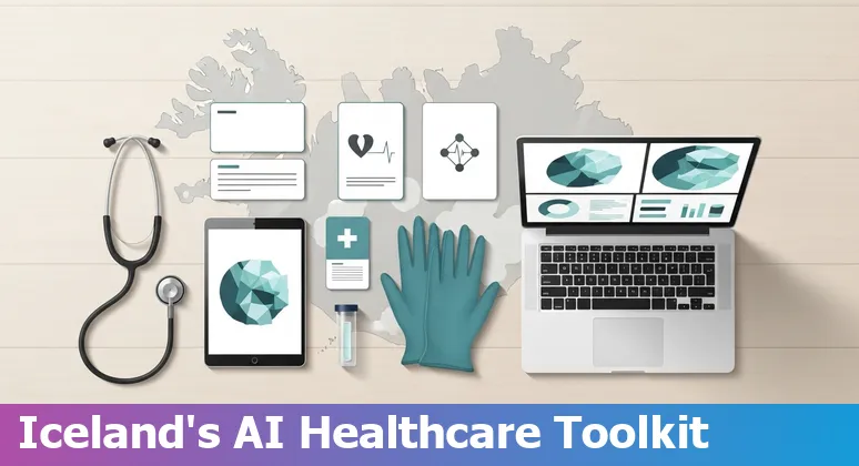 Clinician using telemedicine laptop with Icelandic hospital and genomic data overlays