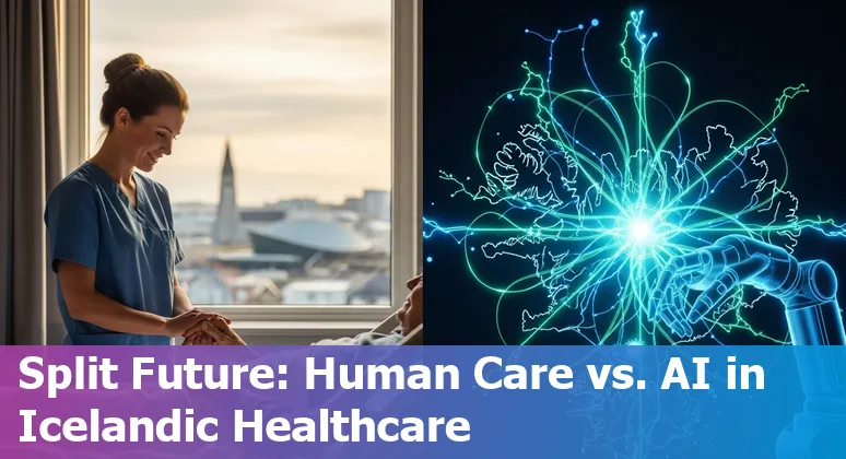 Healthcare workers in Iceland using digital tools with a stylized AI overlay and map of Iceland
