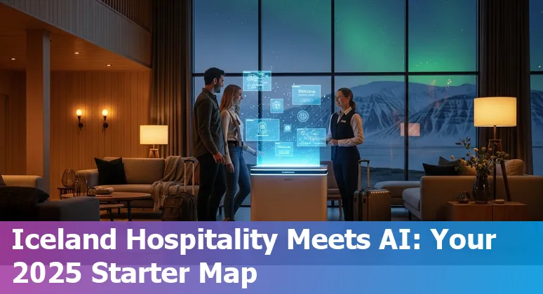 Hotel lobby with digital concierge screen and Icelandic landscape visible through windows — AI in hospitality in Iceland 2025 image