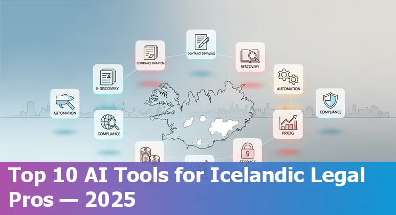 Collage of AI icons and legal symbols over a map of Iceland representing legal AI tools in 2025